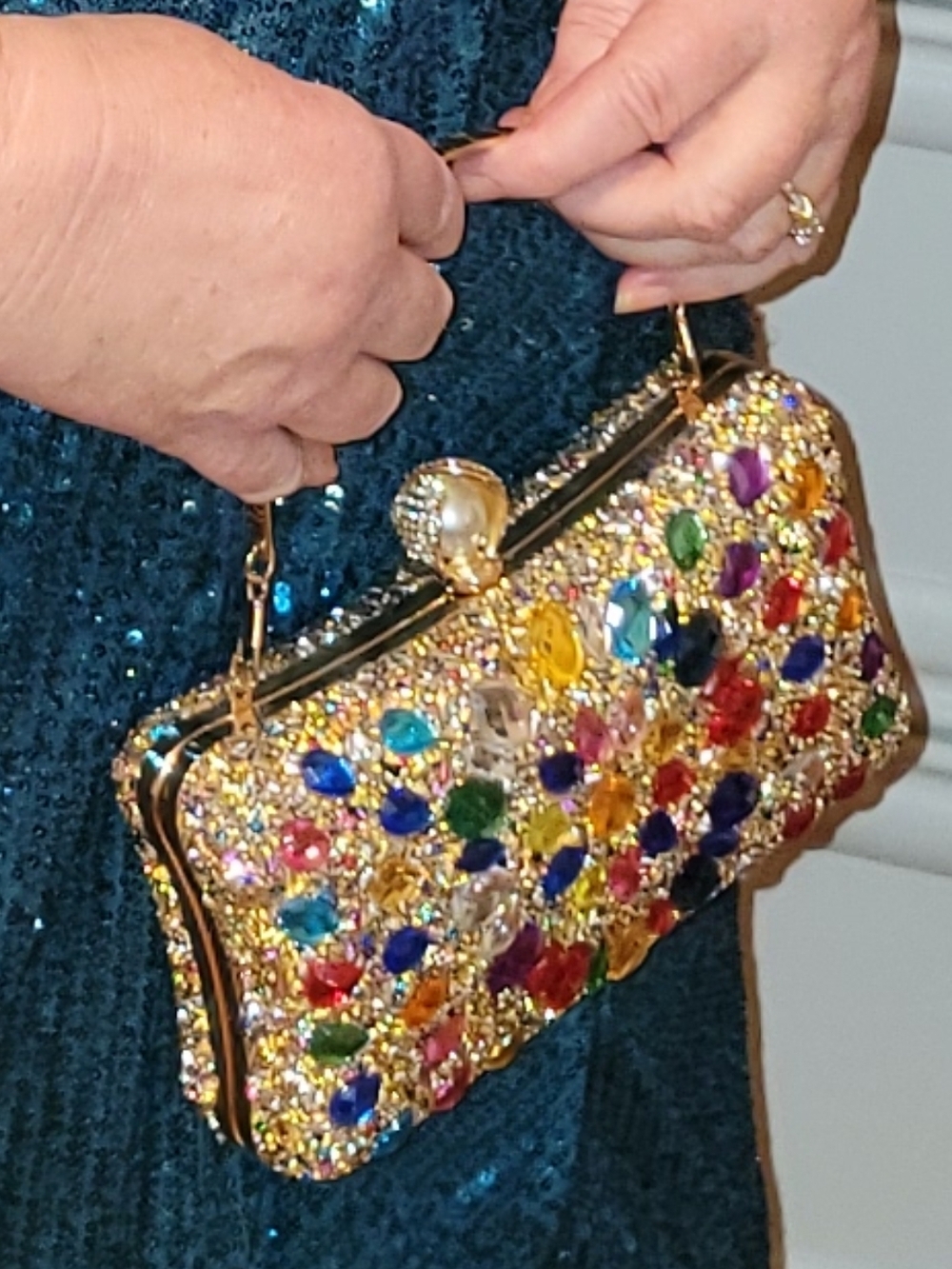 Multicolor Jeweled Mini Evening Bag with Gold Frame